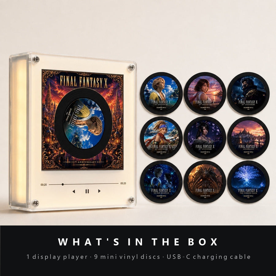 What's in the box: 1 display player, 9 mini vinyl discs, USB-C charging cable