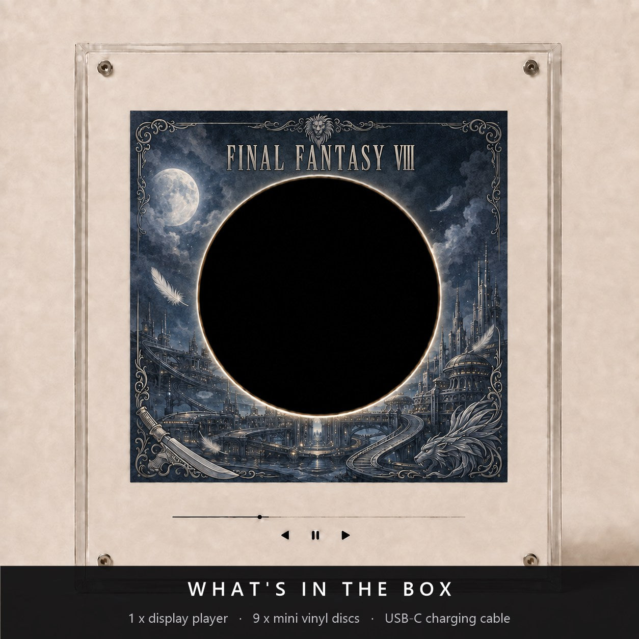 What's in the box: 1 display player, 9 mini vinyl discs, USB-C charging cable