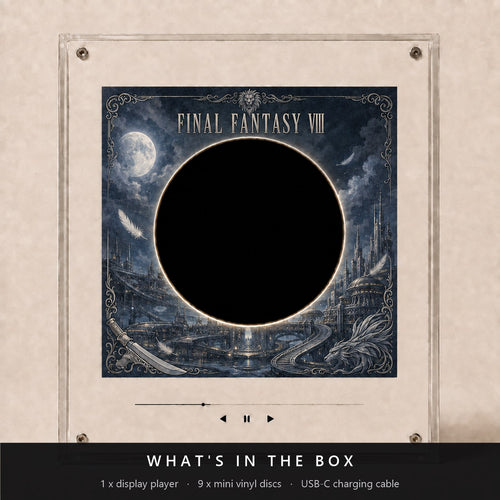What's in the box: 1 display player, 9 mini vinyl discs, USB-C charging cable
