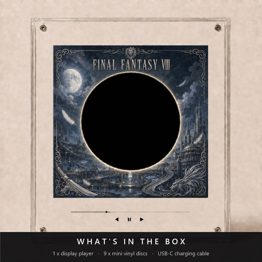 What's in the box: 1 display player, 9 mini vinyl discs, USB-C charging cable