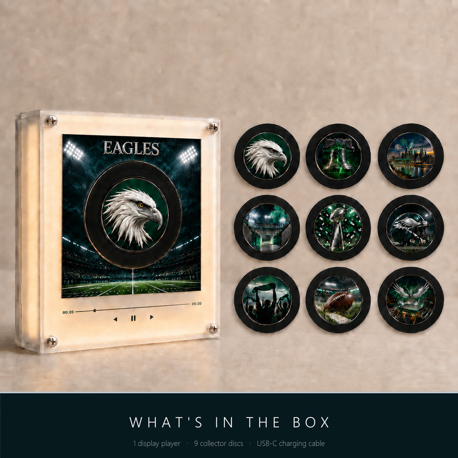 What's in the box — Eagles display player, 9 collector discs, USB-C cable
