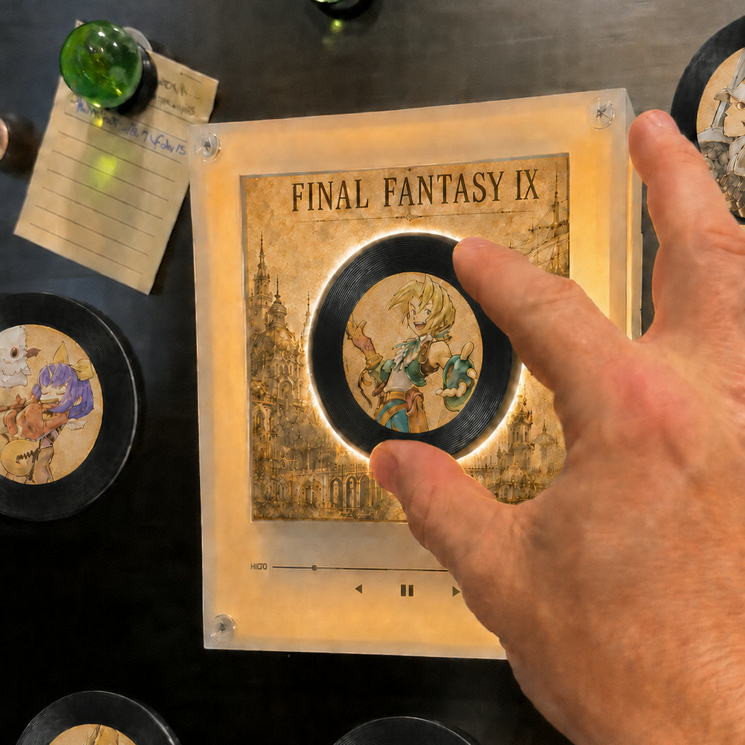 Setting a disc on the player - shown at hand scale on a fridge door
