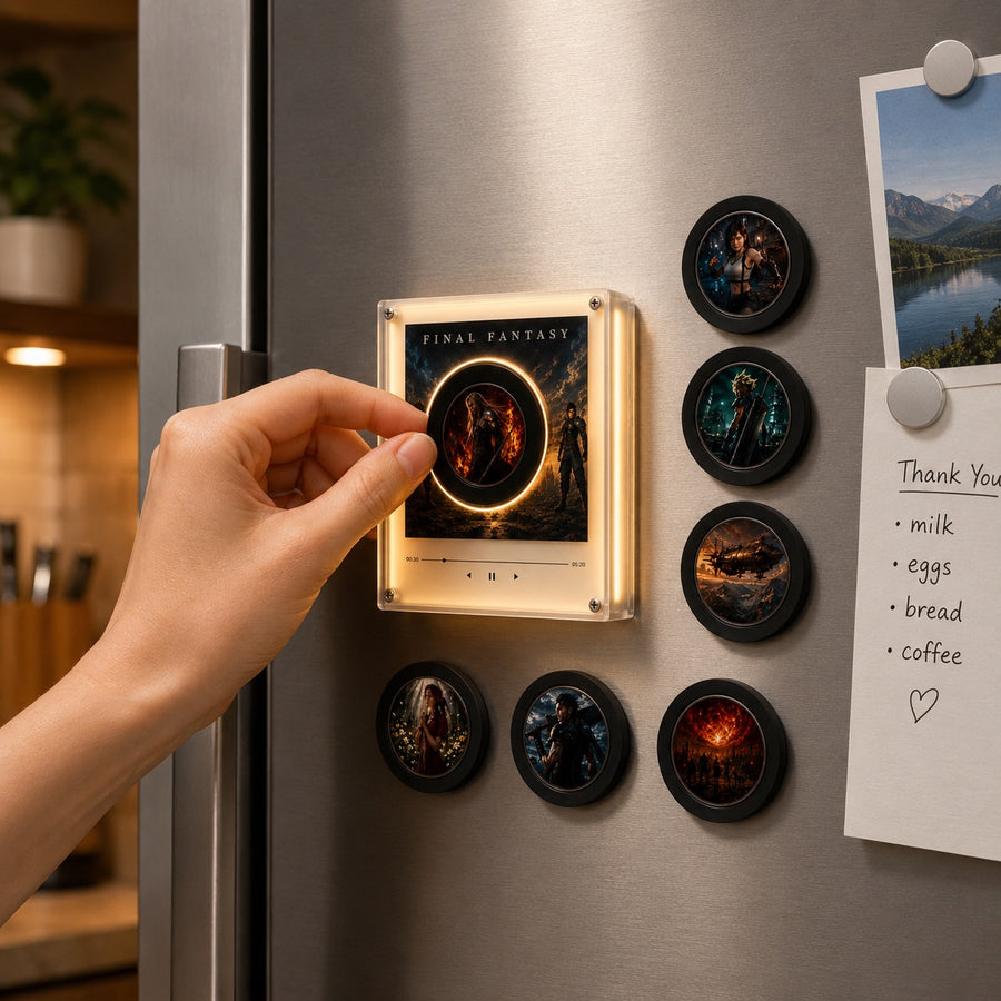 The player and discs displayed on a fridge door
