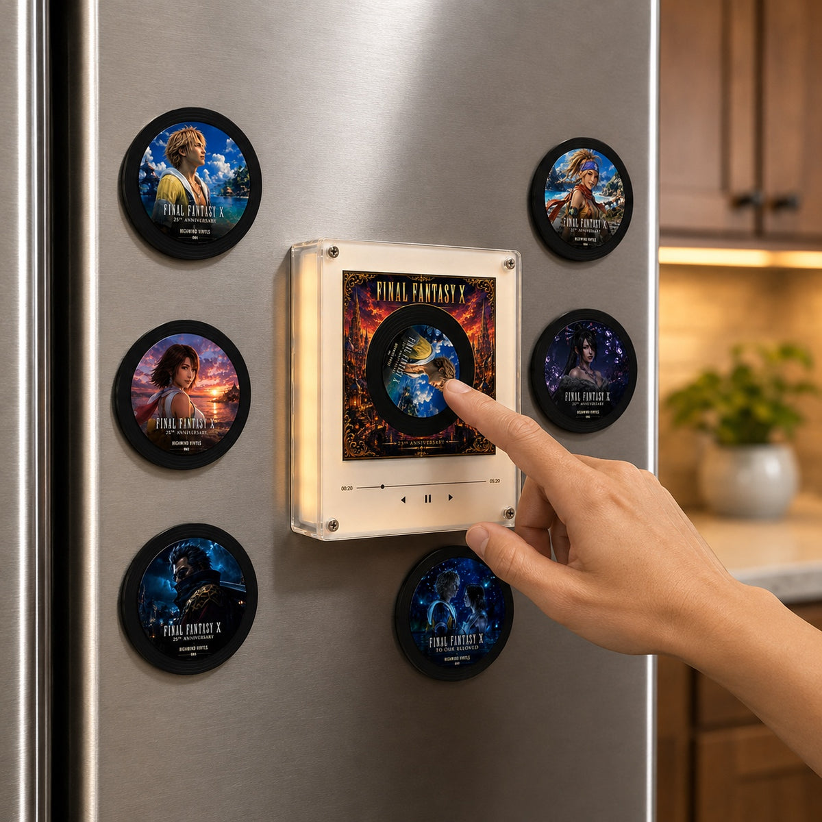 The player and discs displayed on a fridge door