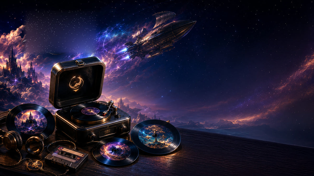 Highwind Vinyls collector turntable and vinyl discs under a night sky