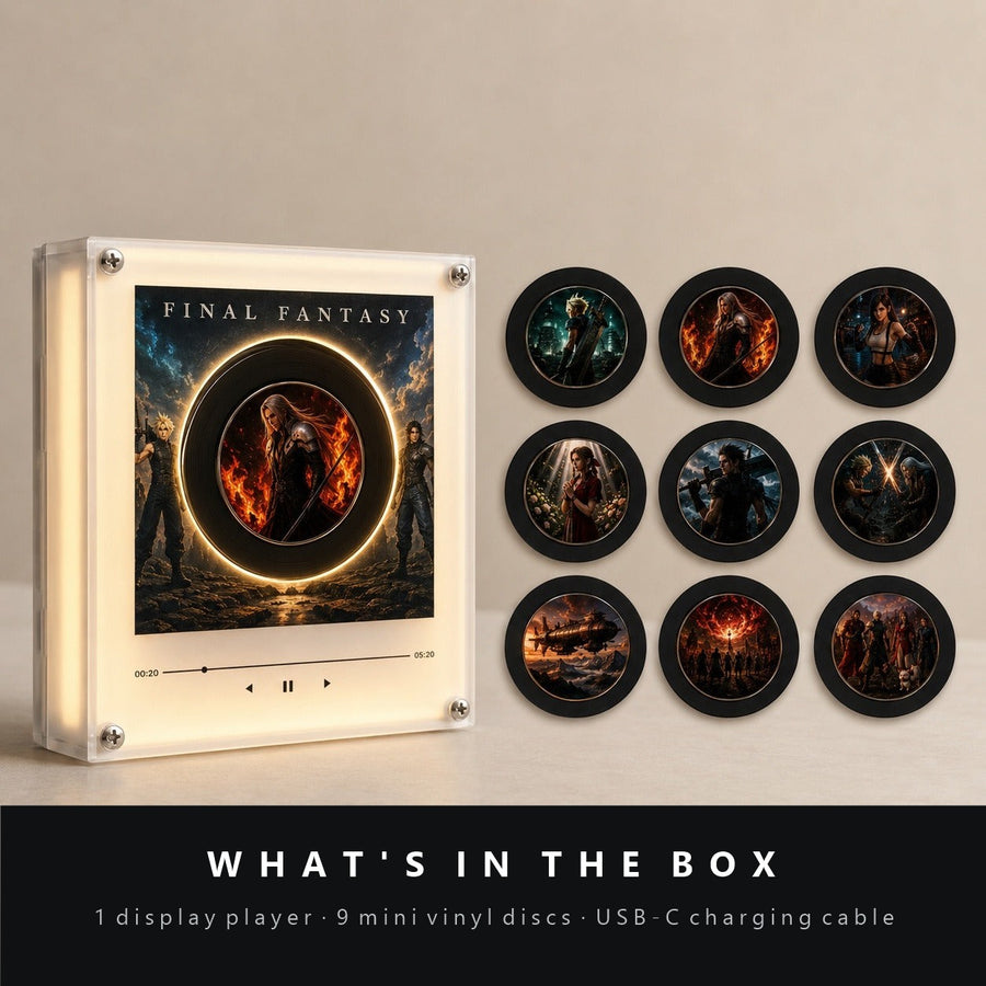 What's in the box: 1 display player, 9 mini vinyl discs, USB-C charging cable