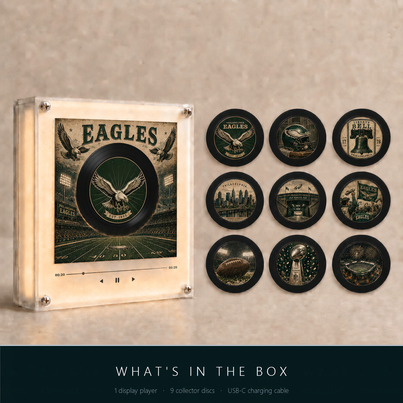 What's in the box — throwback display player, 9 collector discs, USB-C cable