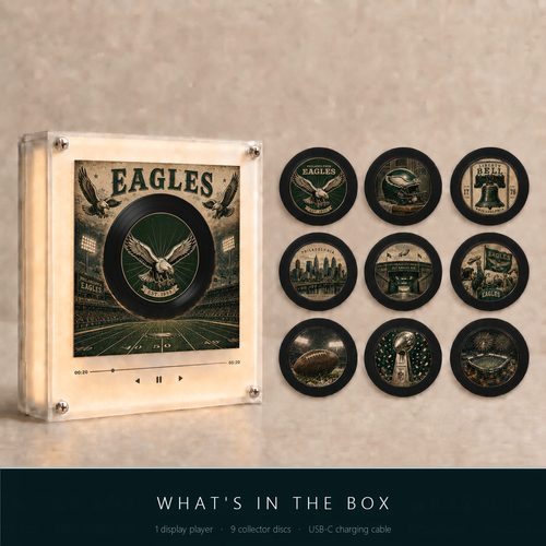 What's in the box — throwback display player, 9 collector discs, USB-C cable