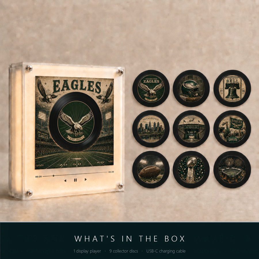 What's in the box — throwback display player, 9 collector discs, USB-C cable